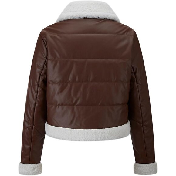 Women's Fur Leather Jacket Shearing Cropped Faux Fur Lined Moto Coat 159 Brown - Picture 3 of 5